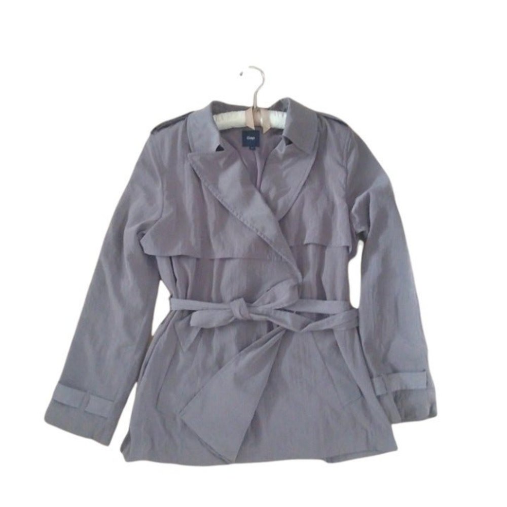 Gap Tie-Waist Light Weight Gray Short Trench Coat Style Jacket ~ Size Large